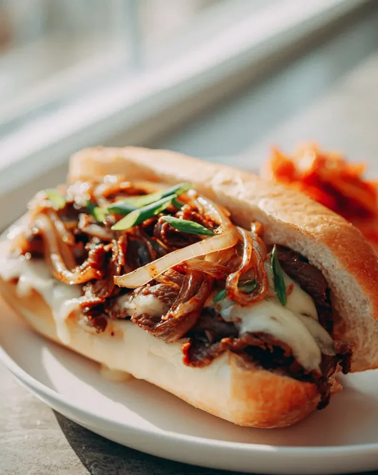 Bulgogi Cheesesteak auf dem Blech mit karamellisierten Zwiebeln